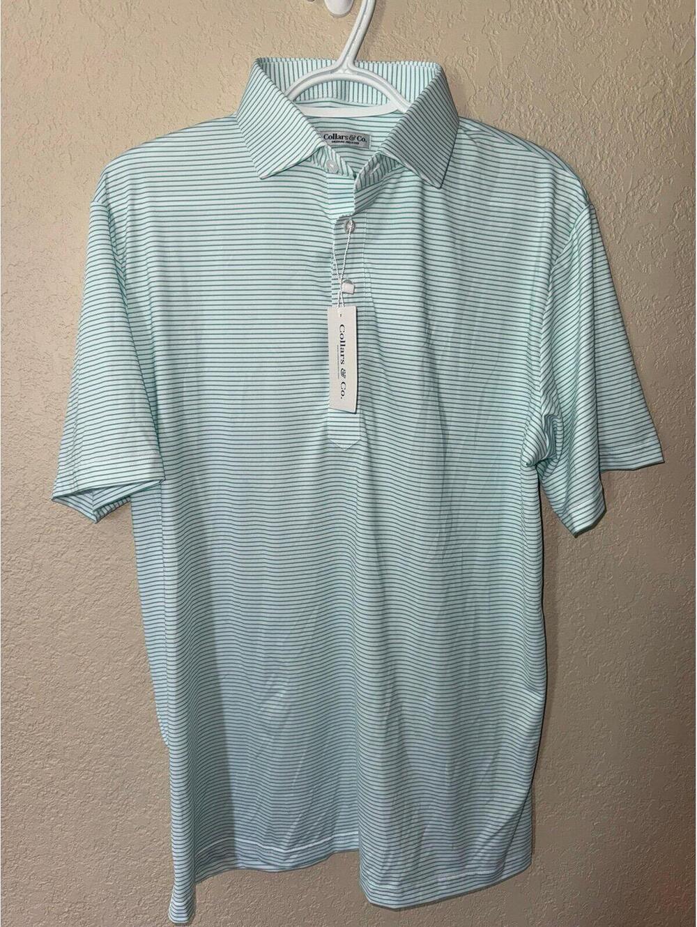 Collars & Co Performance Polo Shirt Men’s Medium Relaxed – Green Stripe NWT